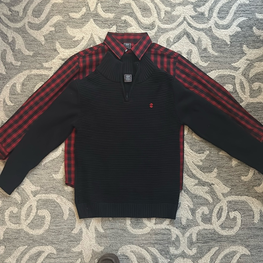 Boys large Izod sweater and dress shirt.